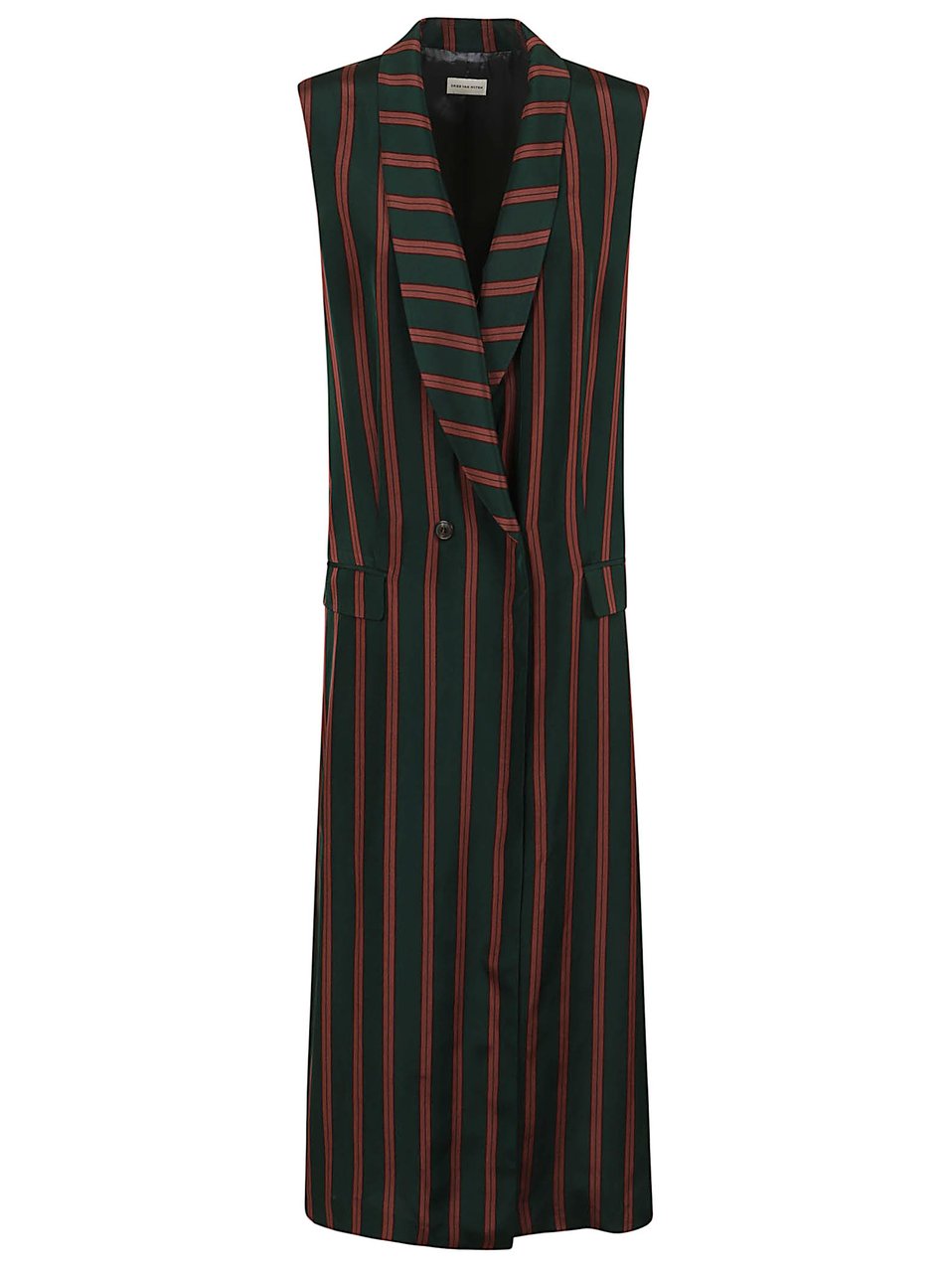 Dries van Noten Sleeveless Striped Satin Long Coat with Peak Lapels Groen