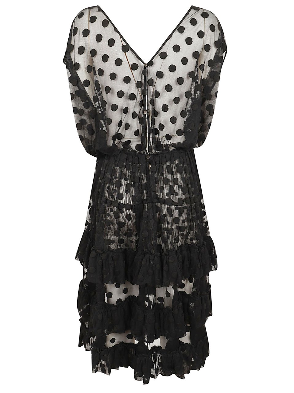 Dries van Noten Midi Dress with Deep V-Neck and Layered Ruffles Zwart
