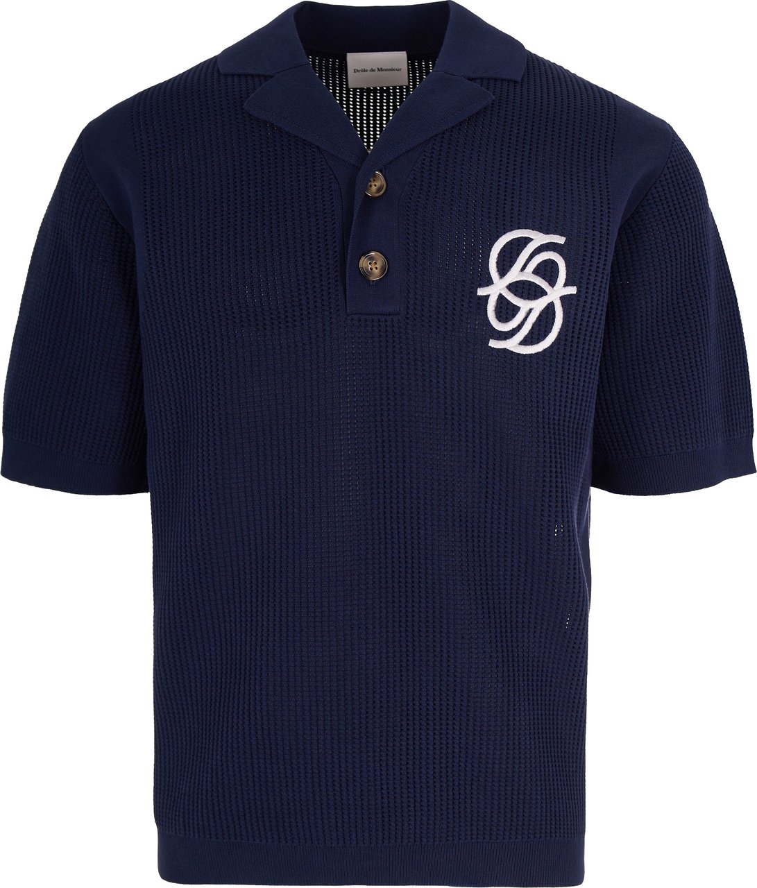 Drôle de Monsieur Textured Knit Short-Sleeve Polo with Monogram Detail Zwart