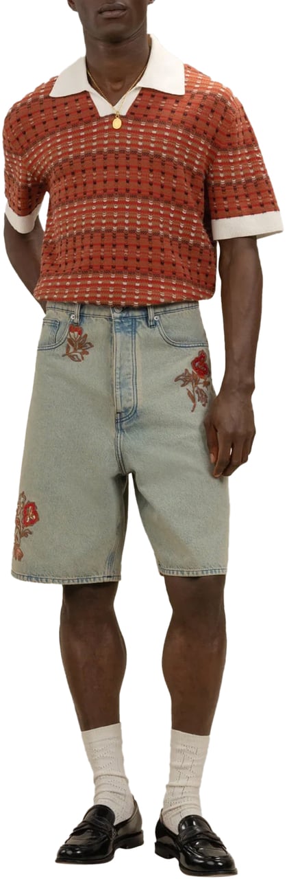 Drôle de Monsieur Brodé Fleurs Dusty Denim Shorts Lichtblauw
