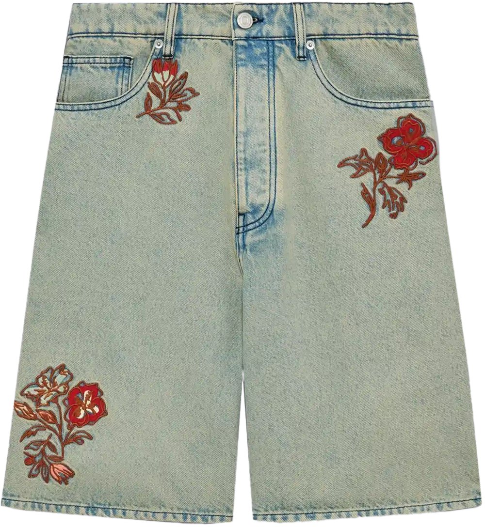 Drôle de Monsieur Brodé Fleurs Dusty Denim Shorts Lichtblauw