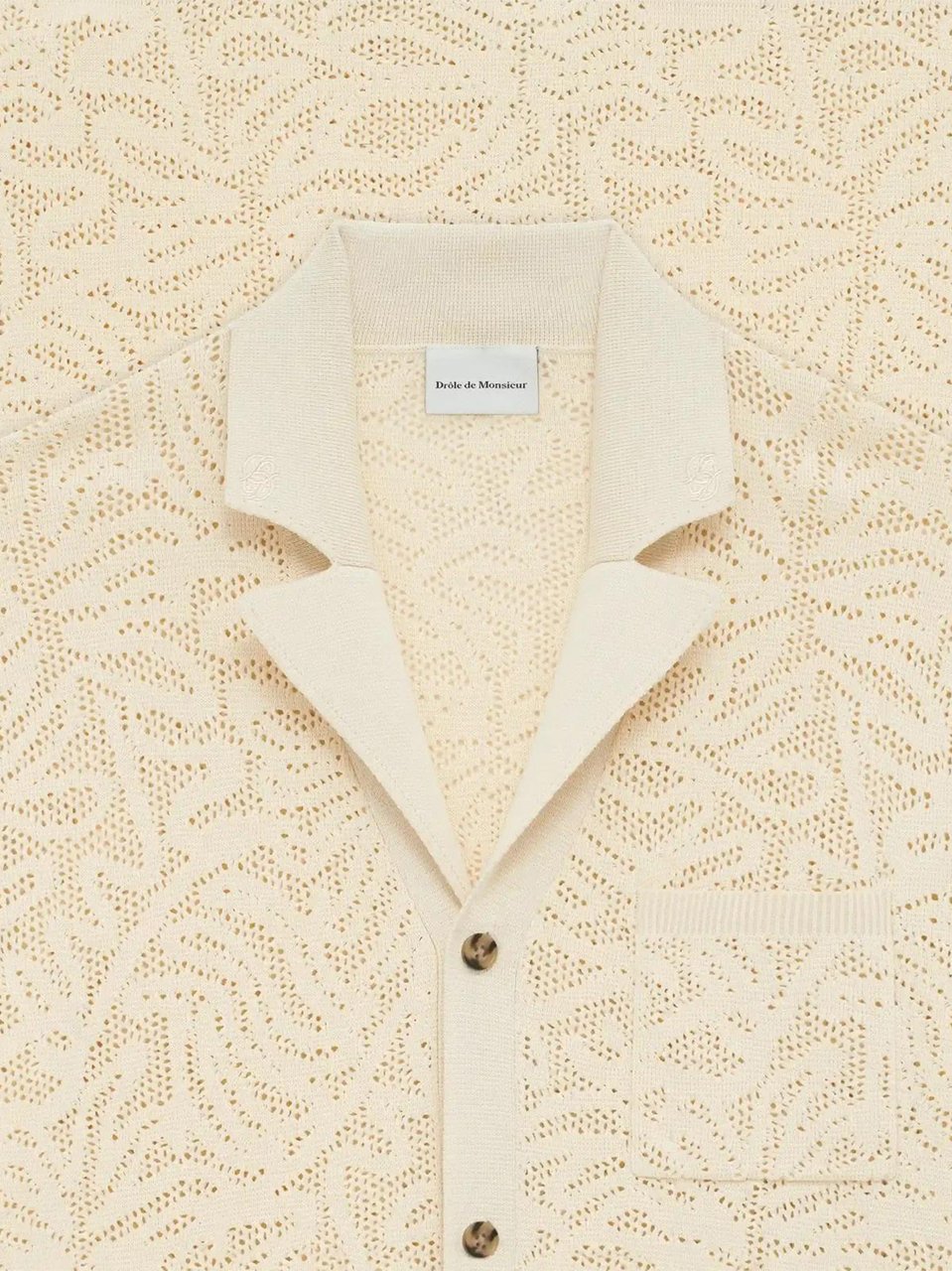 Drôle de Monsieur Short-Sleeved Lace Knit Shirt with Classic Collar Neutraal