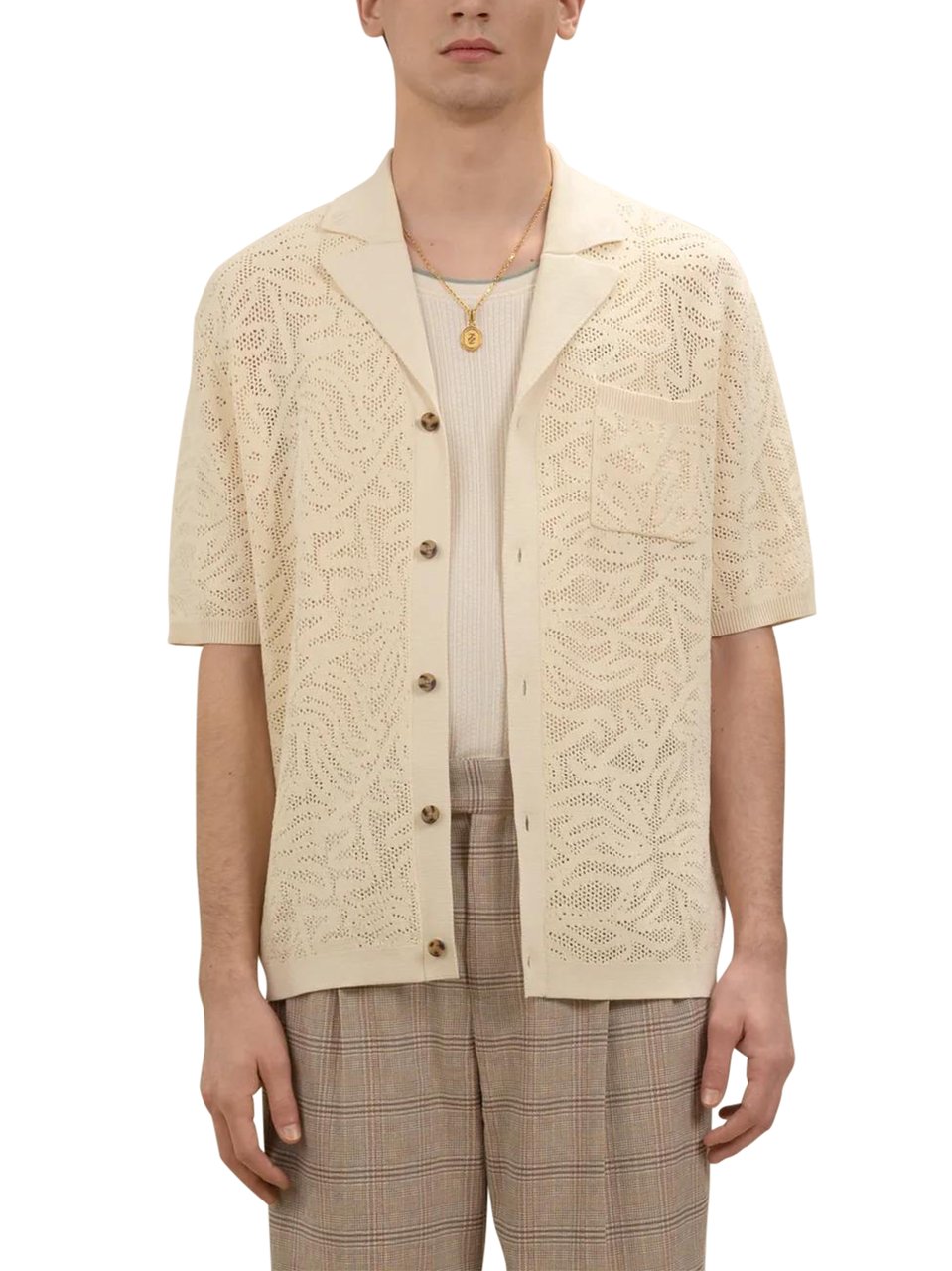 Drôle de Monsieur Short-Sleeved Lace Knit Shirt with Classic Collar Neutraal