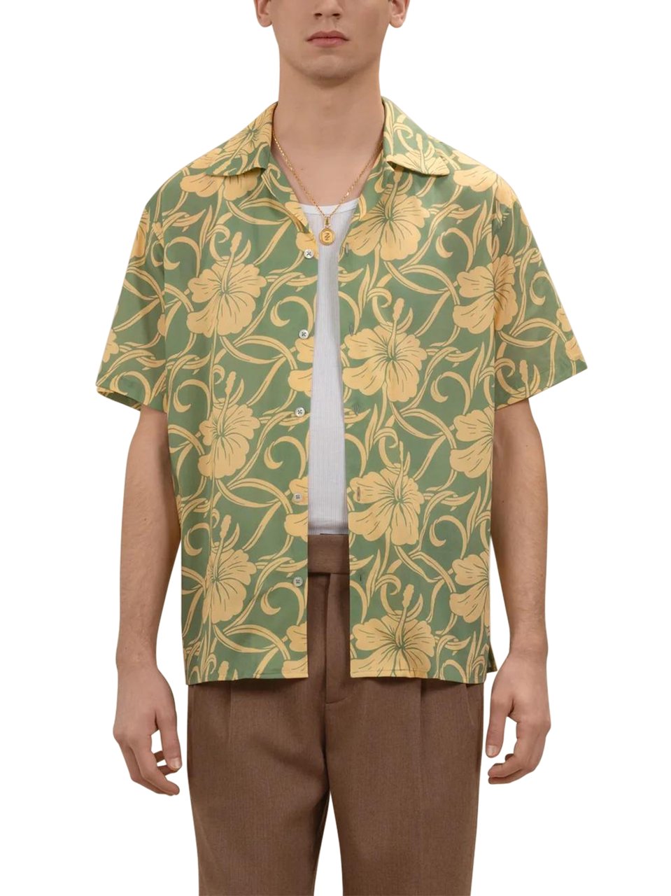 Drôle de Monsieur Short-Sleeved Shirt with Intricate Hibiscus Pattern Groen