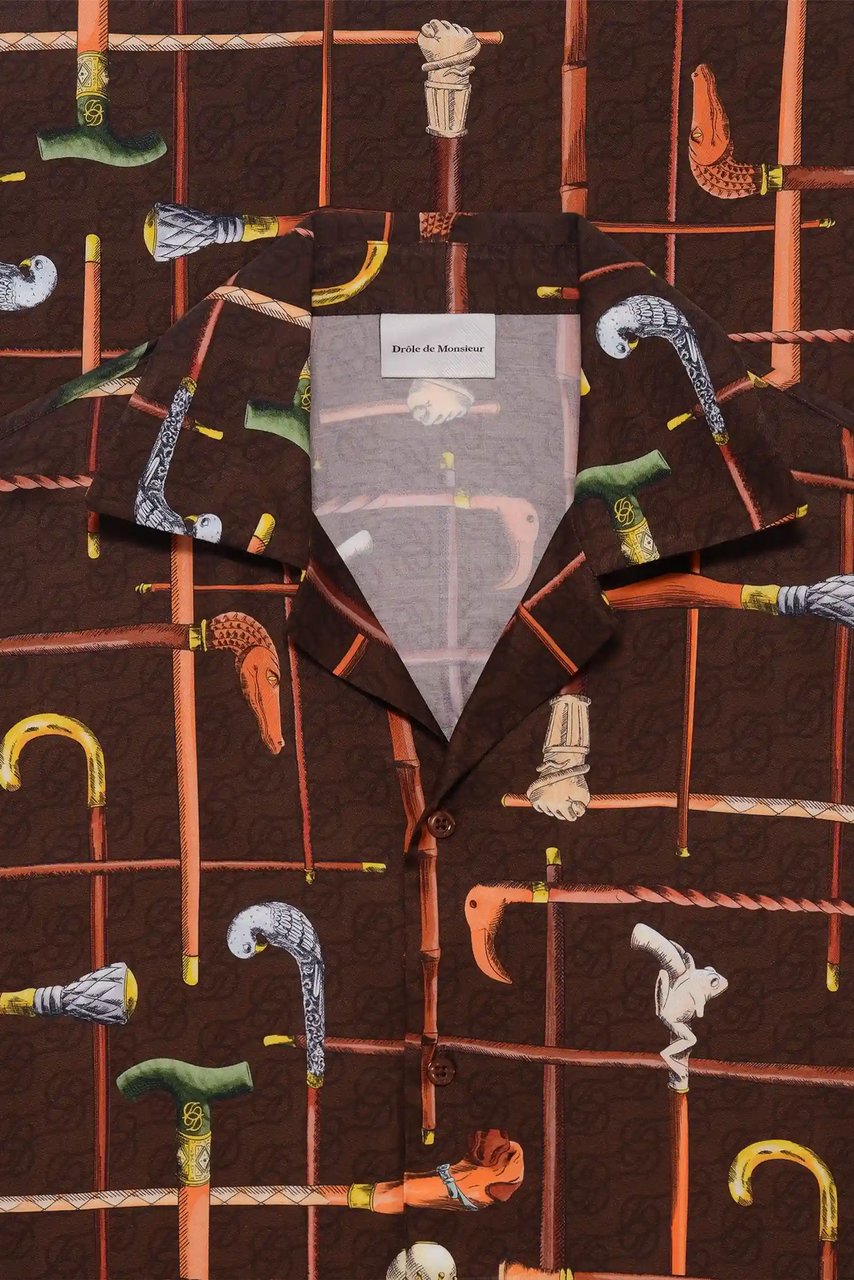 Drôle de Monsieur Short-Sleeved Viscose Shirt with Artistic Cannes Print Bruin