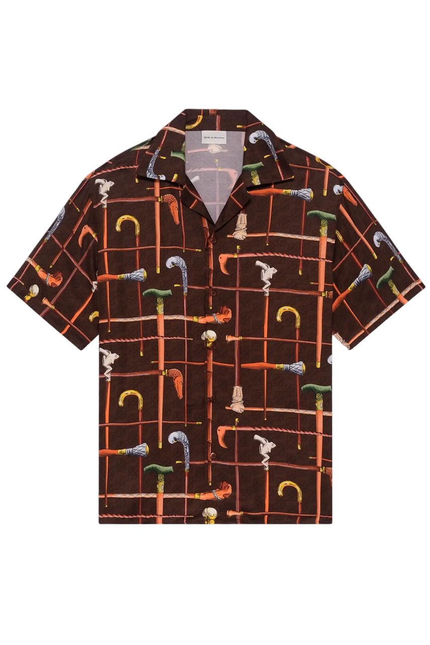 Drôle de Monsieur Short-Sleeved Viscose Shirt with Artistic Cannes Print Bruin