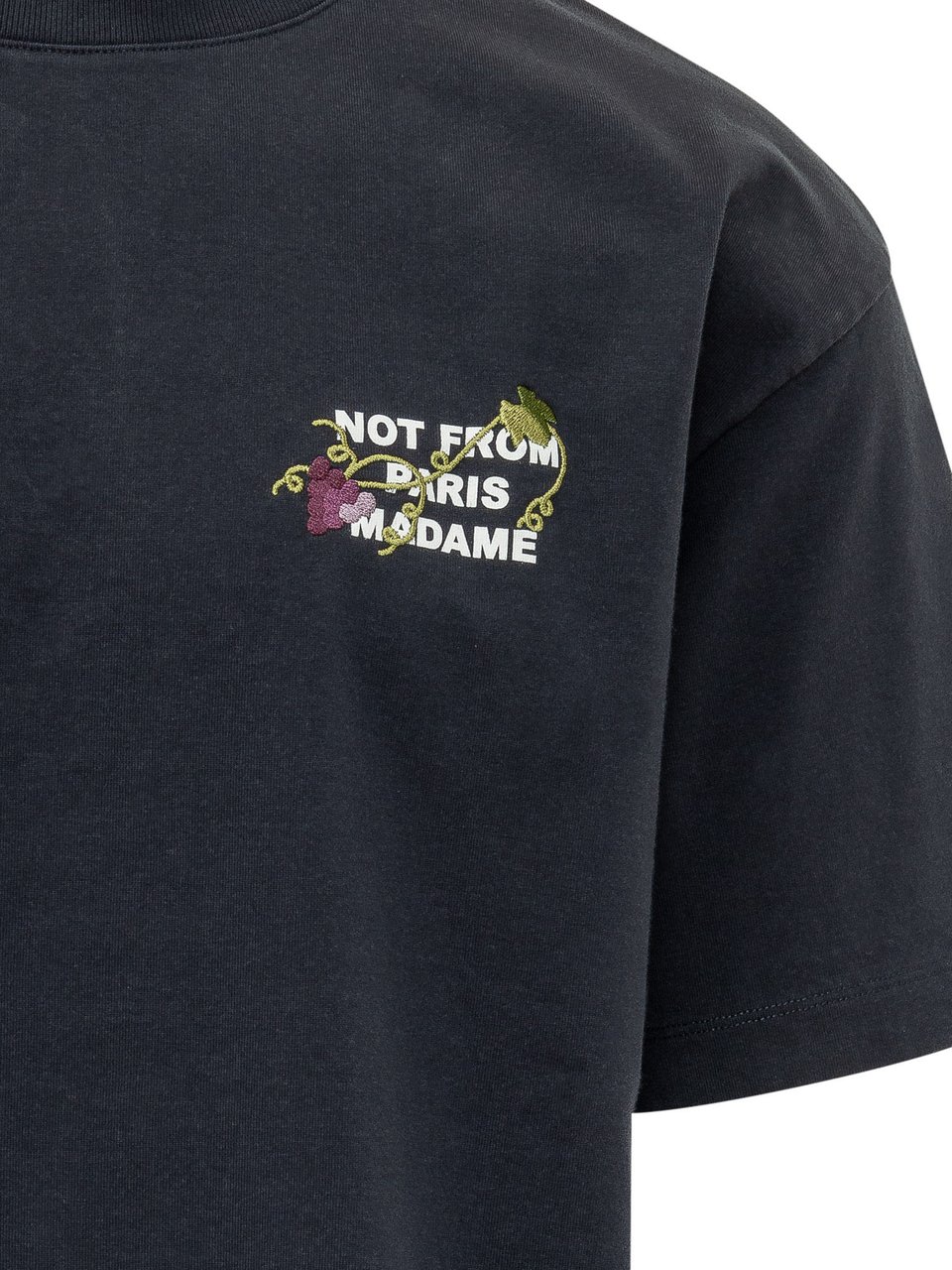 Drôle de Monsieur T-shirt Vine Slogan con Ricamo Donkergrijs
