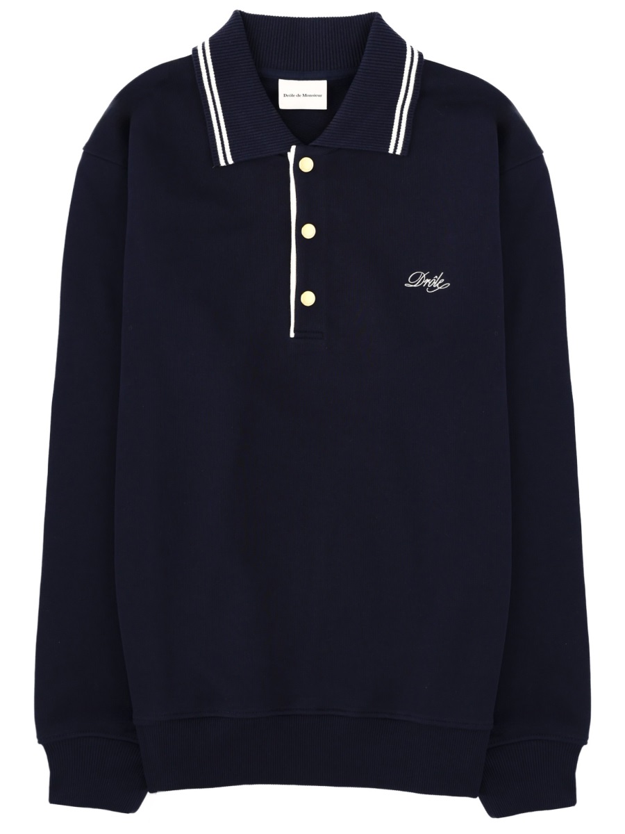 Drôle de Monsieur Sweatshirt White Stripe Cuffs Polo Shirt Zwart