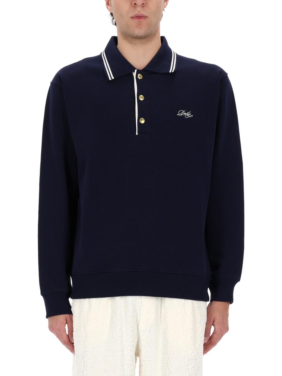 Drôle de Monsieur Sweatshirt White Stripe Cuffs Polo Shirt Zwart