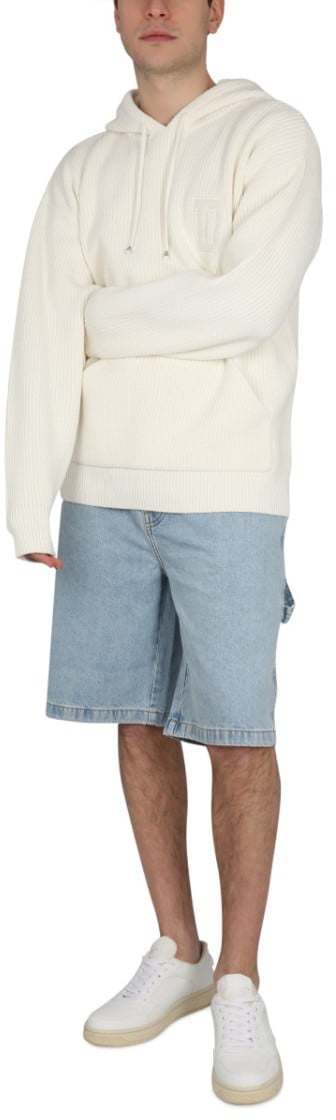Drôle de Monsieur Ribbed White Hooded Shirt With Drawstring Neutraal