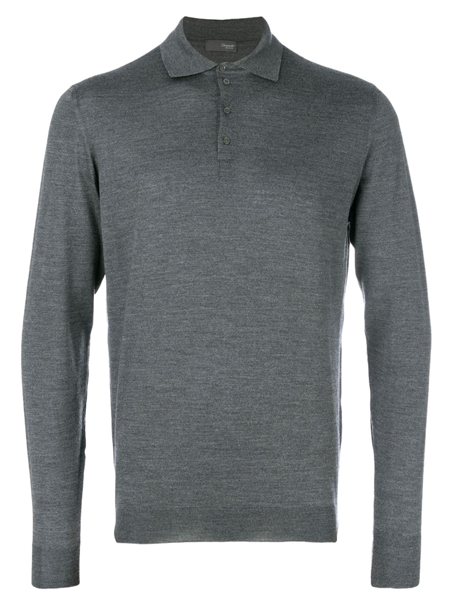 Drumohr Grey Long-Sleeved Merino Wool Polo Shirt Grijs