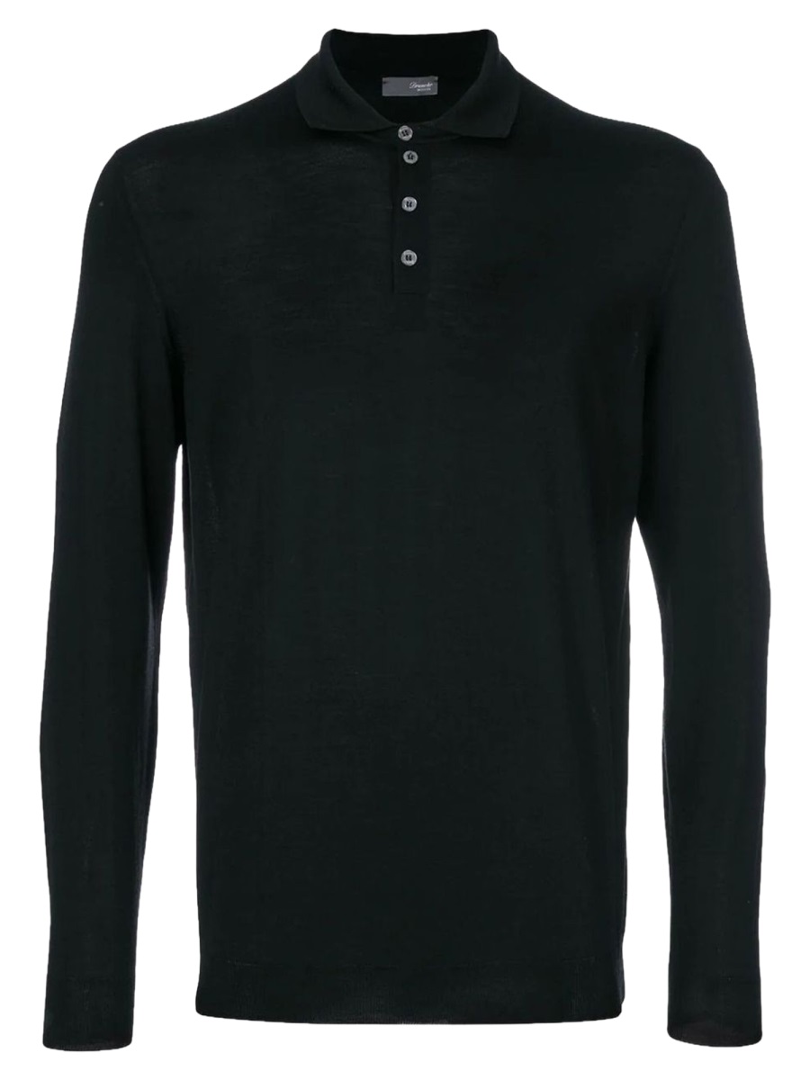 Drumohr Black Long-Sleeved Wool Polo Shirt Zwart