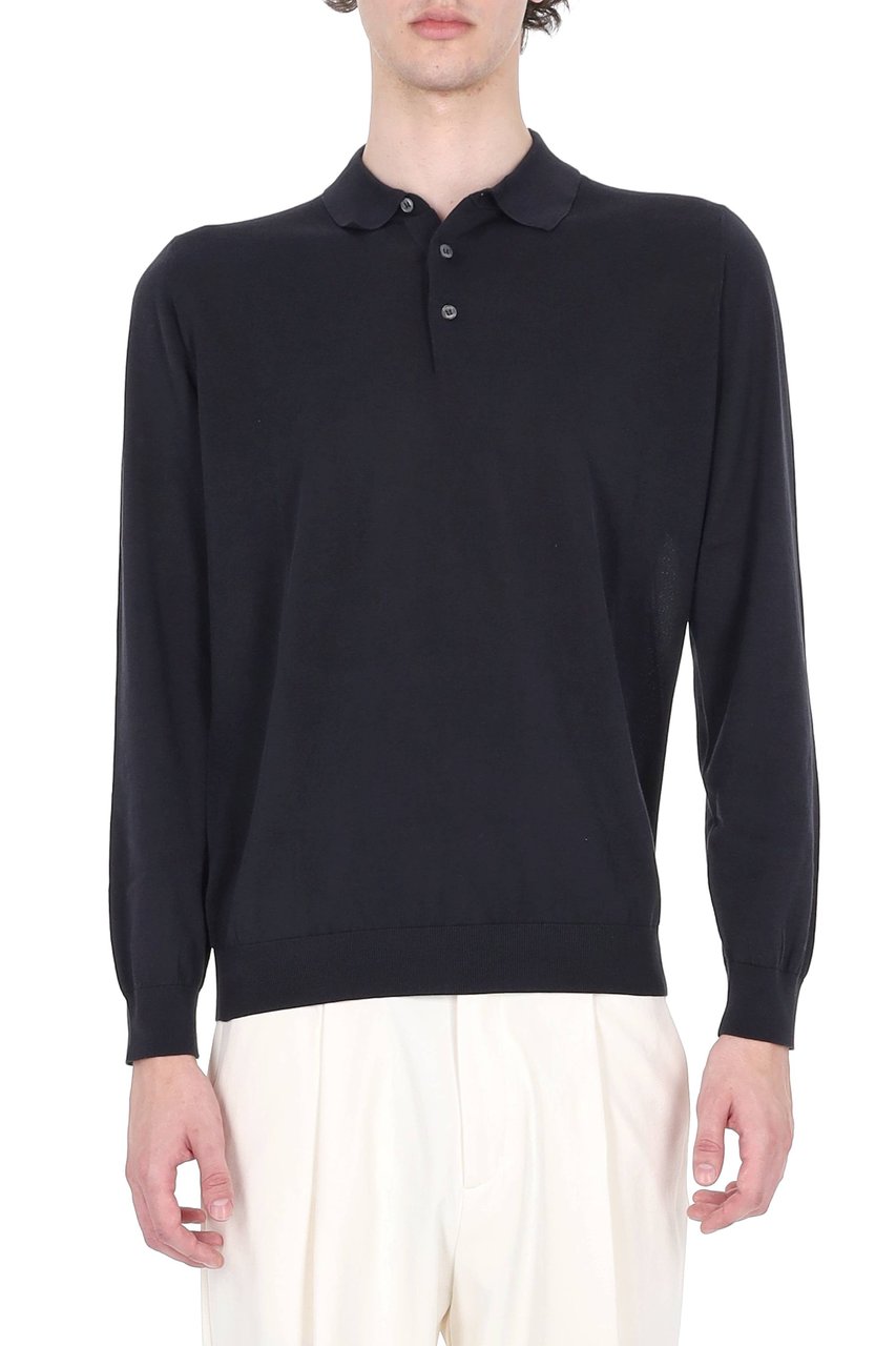 Drumohr Blue Long-Sleeve Cotton Polo Shirt Zwart