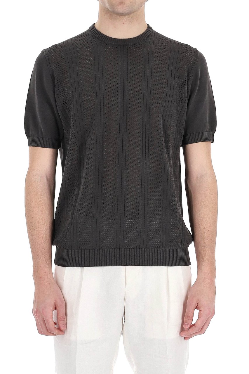 Drumohr Textured Black Knit T-Shirt with Ribbed Details Zwart