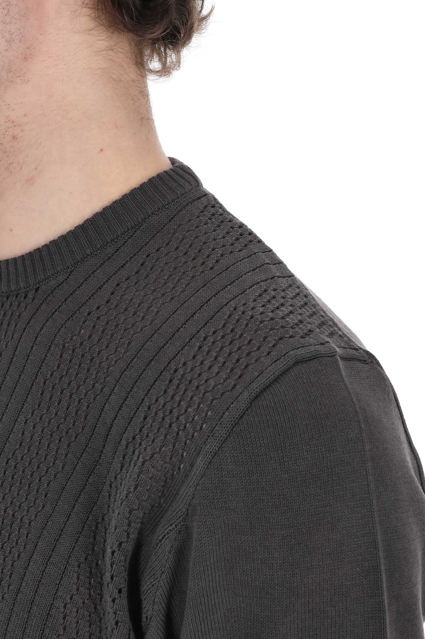 Drumohr Textured Black Knit T-Shirt with Ribbed Details Zwart