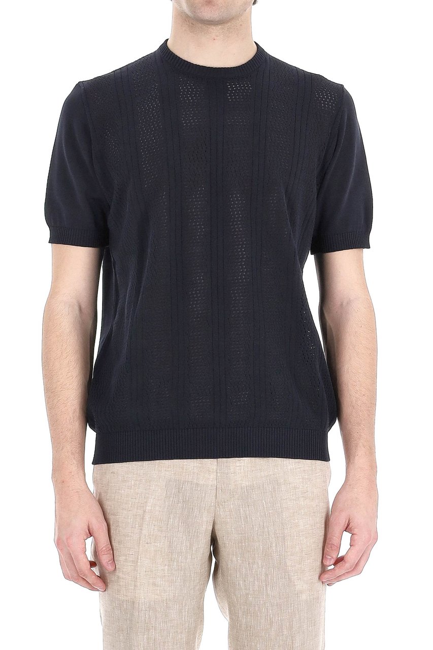 Drumohr Textured Knit Cotton T-Shirt with Ribbed Trims Zwart