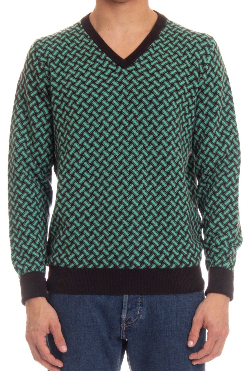 Drumohr V-Neck Cashmere Sweater Biscottino Pattern Zwart