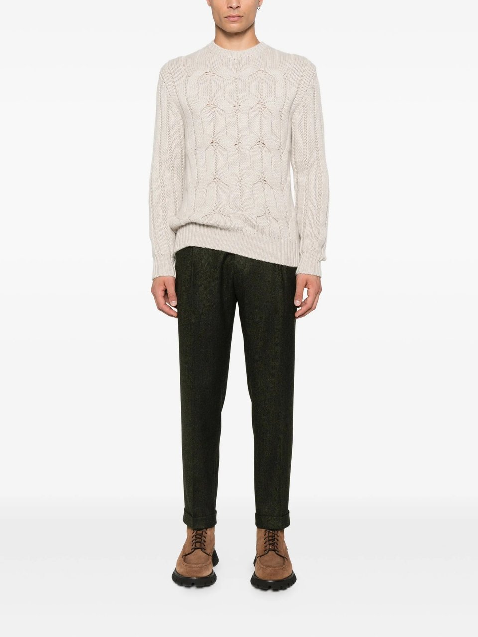 Drumohr Treccia Cable Knit Crew Neck Sweater Wit