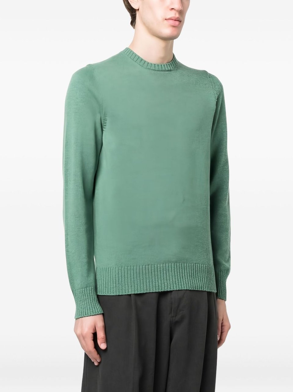 Drumohr Sage Green Ribbed Cashmere Crewneck Sweater Blauw