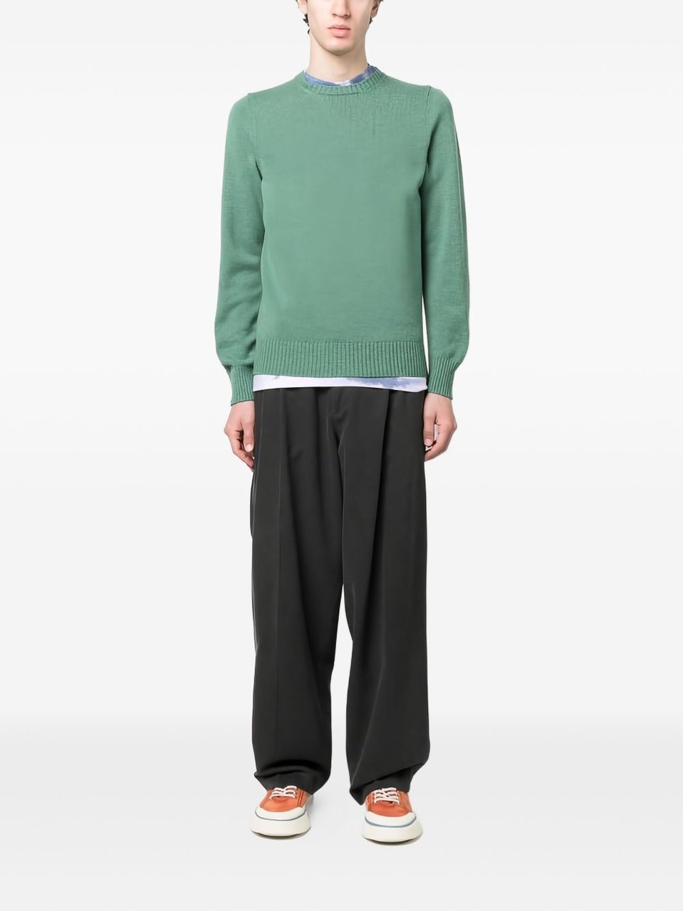 Drumohr Sage Green Ribbed Cashmere Crewneck Sweater Blauw