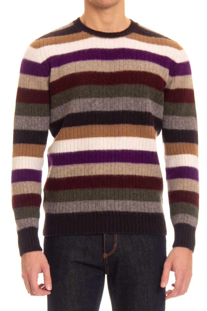 Drumohr Striped Lambswool Crewneck Sweater Zwart