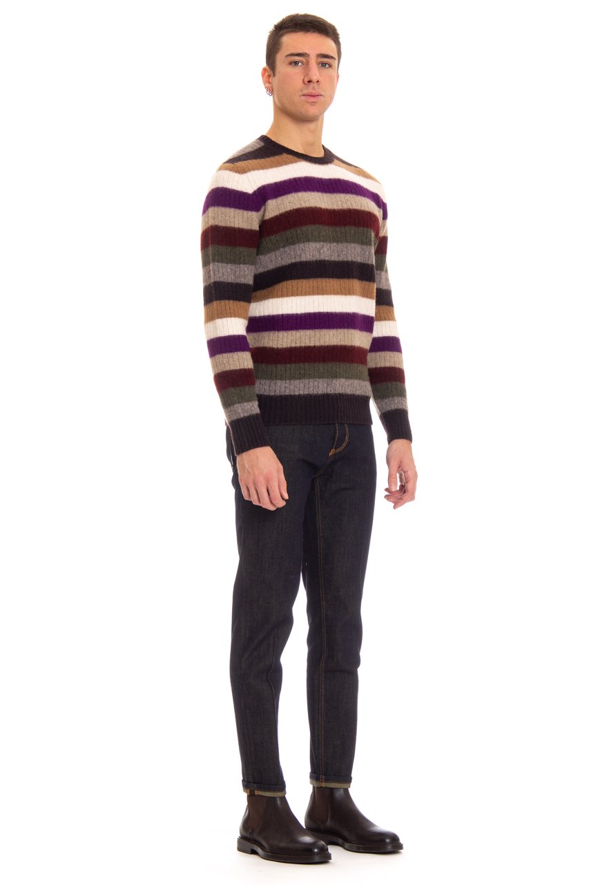 Drumohr Striped Lambswool Crewneck Sweater Zwart