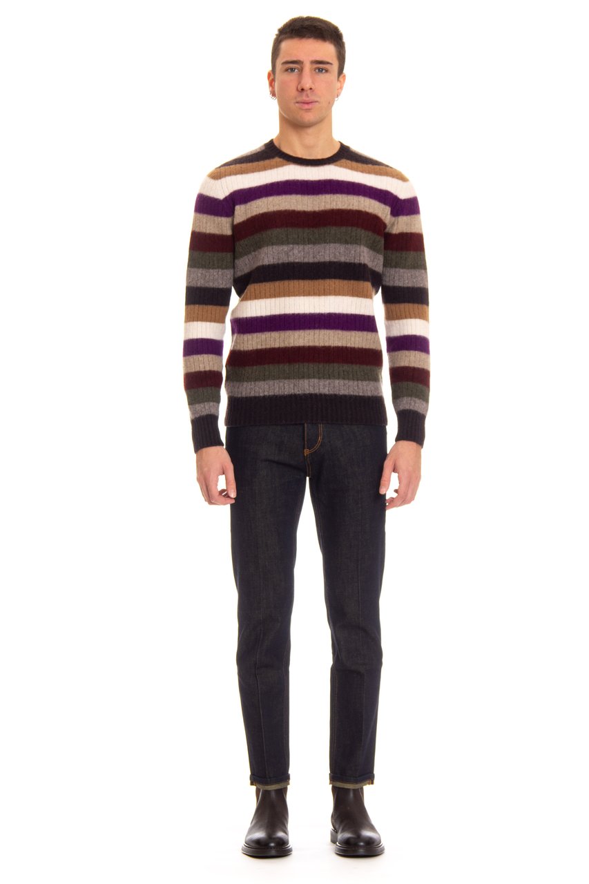 Drumohr Striped Lambswool Crewneck Sweater Zwart