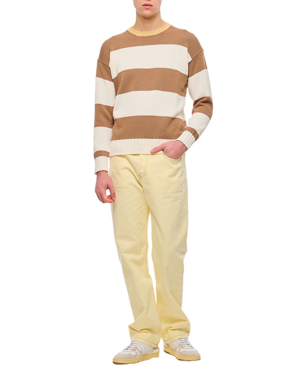 Drumohr Wide Horizontal Stripe Crewneck Sweater with Ribbed Accents Bruin