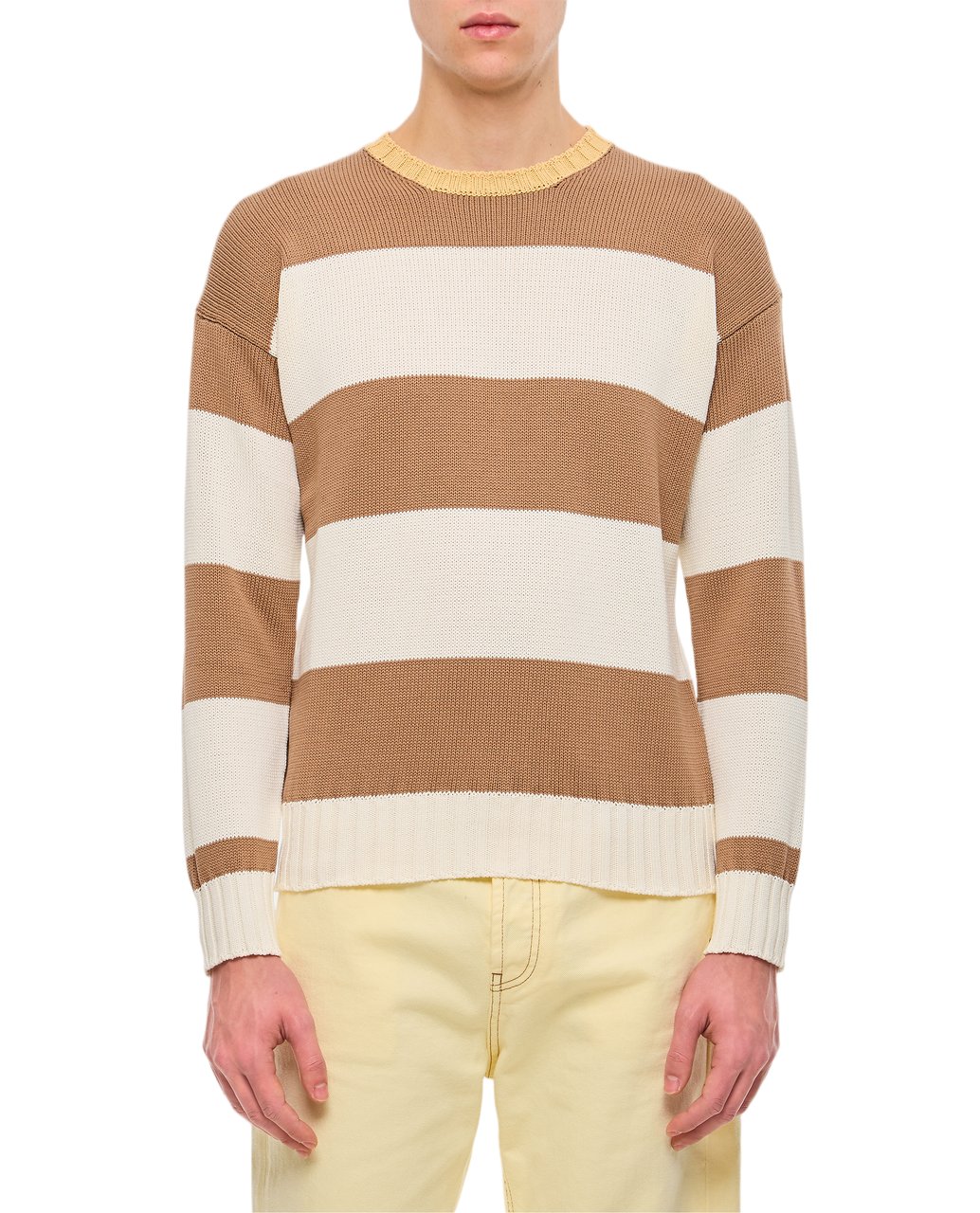 Drumohr Wide Horizontal Stripe Crewneck Sweater with Ribbed Accents Bruin