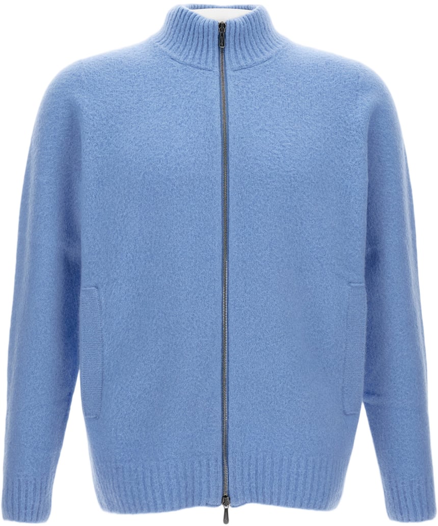 Drumohr Brushed Virgin Wool Cardigan With High Knit Collar And Zip Closure Blauw