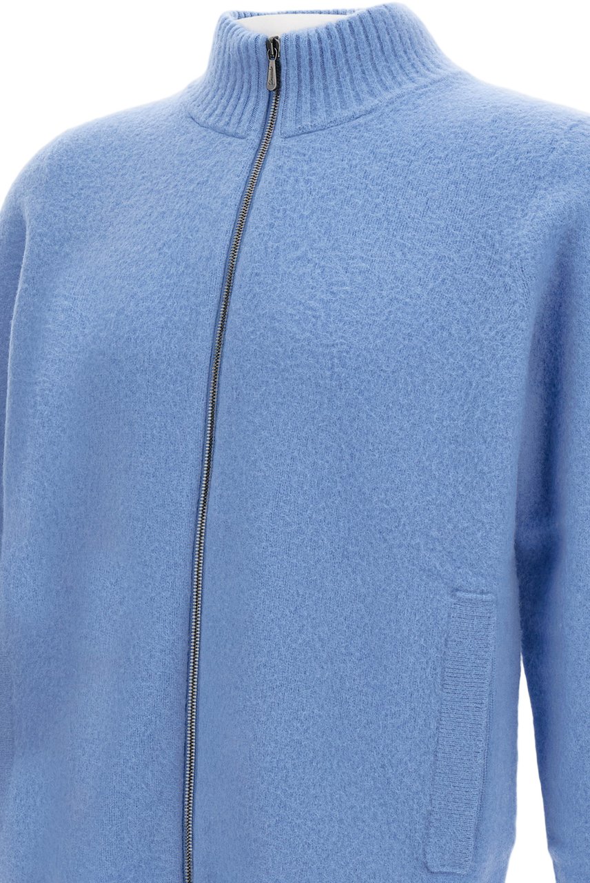 Drumohr Brushed Virgin Wool Cardigan With High Knit Collar And Zip Closure Blauw