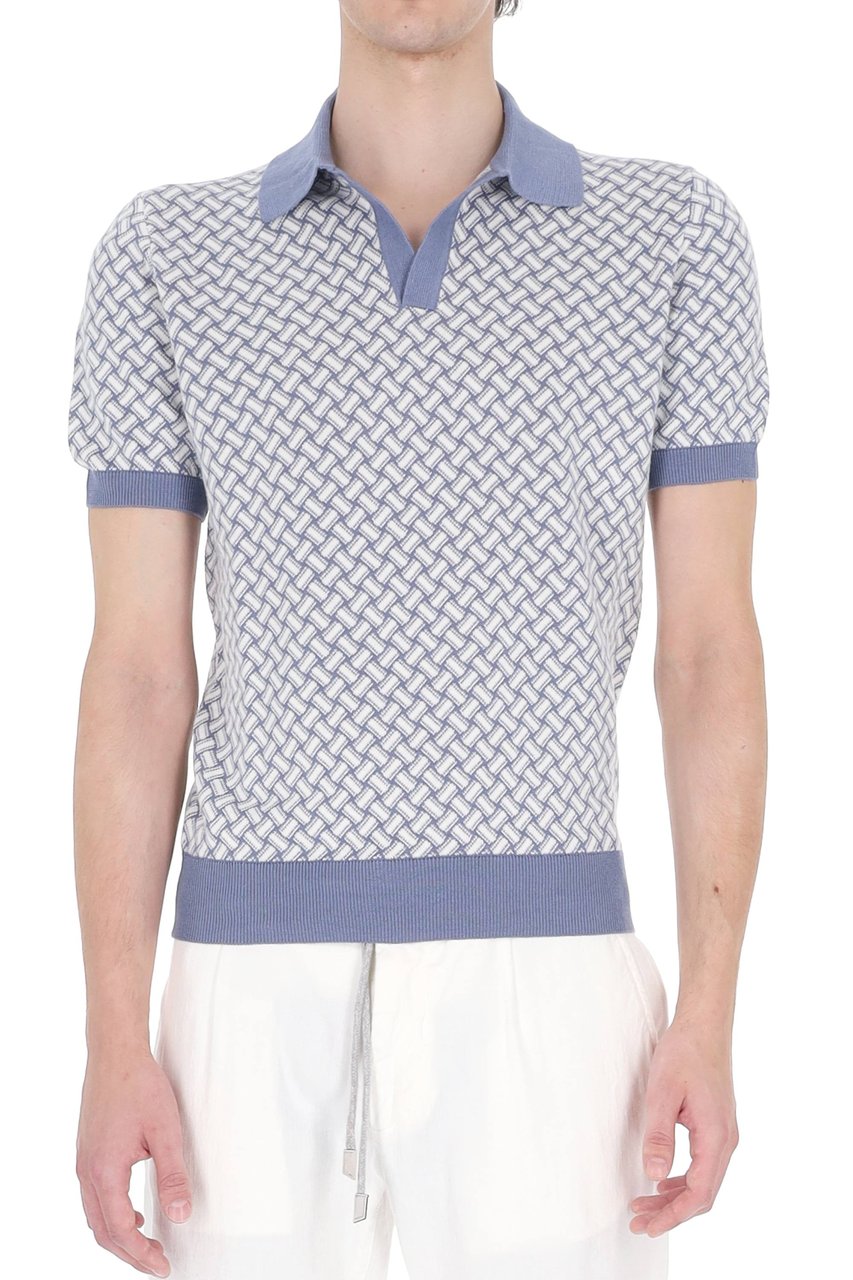Drumohr White Blue Biscottino Cotton-Linen Polo Shirt Wit