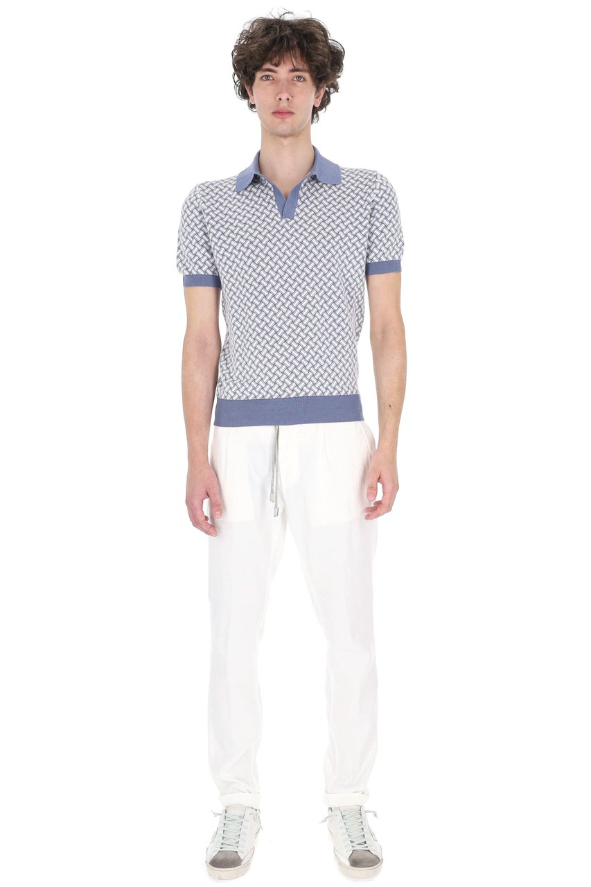 Drumohr White Blue Biscottino Cotton-Linen Polo Shirt Wit