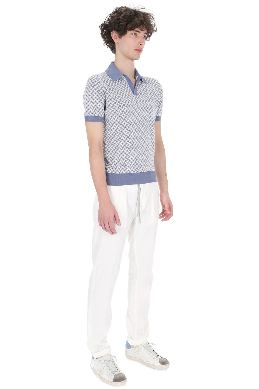Drumohr White Blue Biscottino Cotton-Linen Polo Shirt Wit