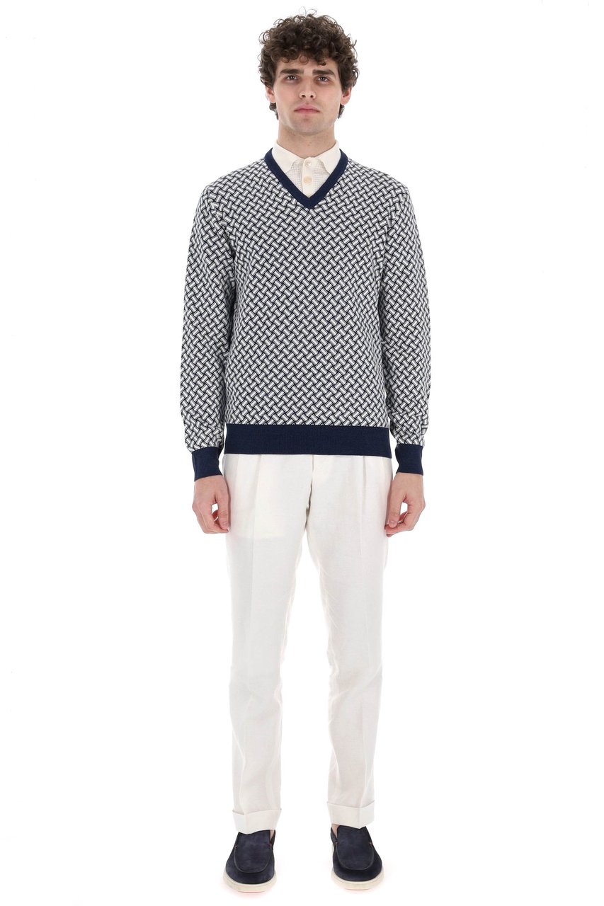 Drumohr Biscottino Pattern Cotton-Linen V-Neck Sweater Grijs