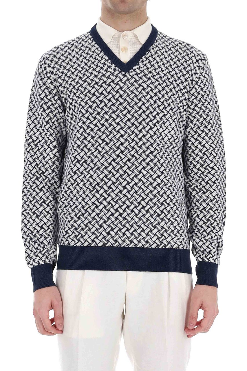 Drumohr Biscottino Pattern Cotton-Linen V-Neck Sweater Grijs