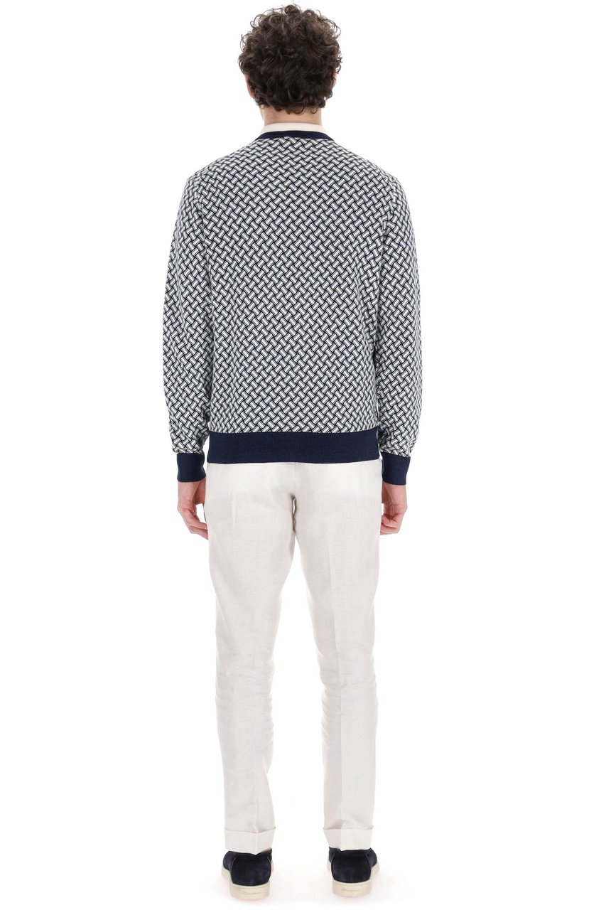 Drumohr Biscottino Pattern Cotton-Linen V-Neck Sweater Grijs