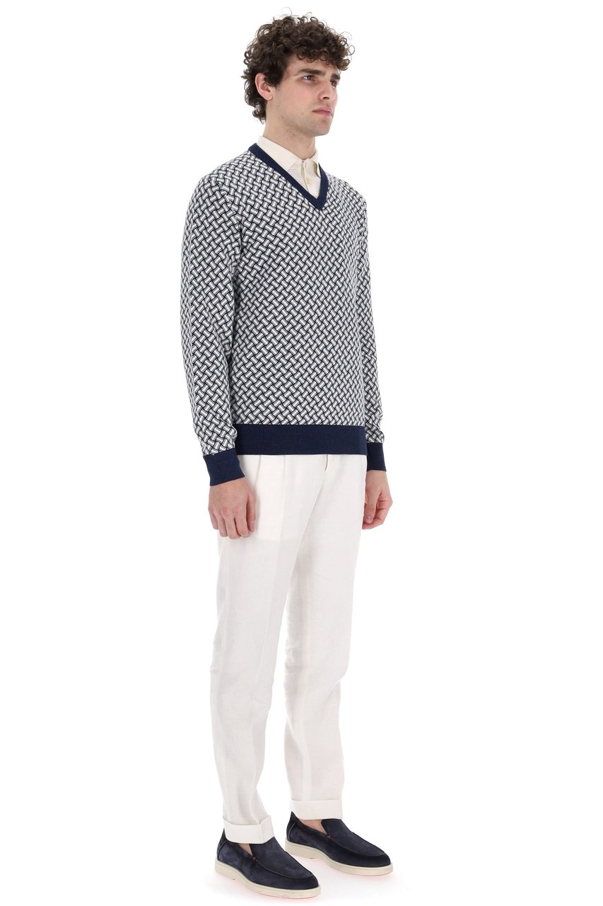 Drumohr Biscottino Pattern Cotton-Linen V-Neck Sweater Grijs