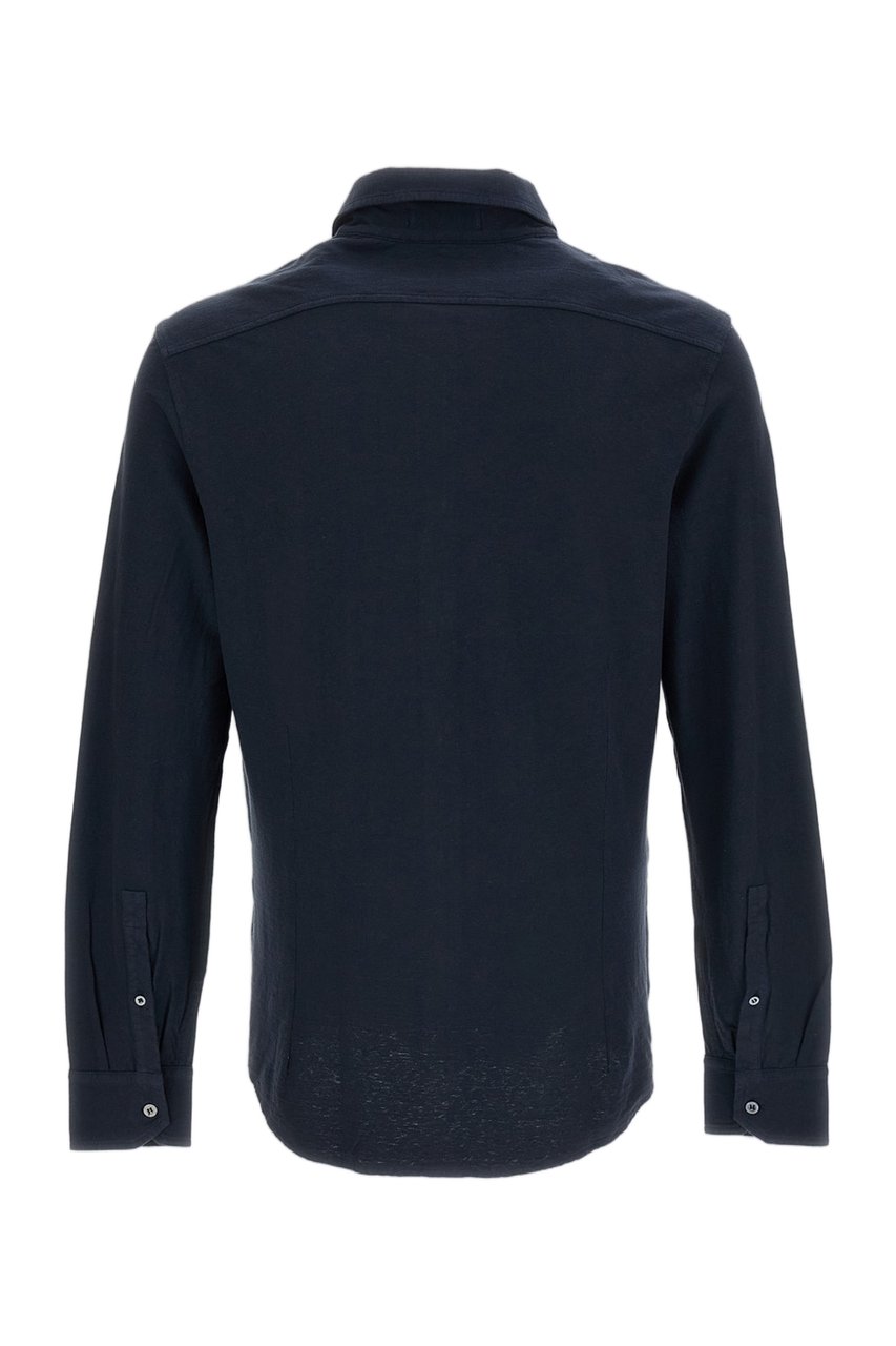 Drumohr Blue Cotton-Linen Spread Collar Casual Shirt Blauw