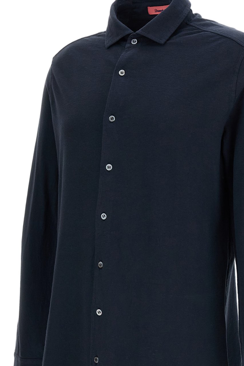 Drumohr Blue Cotton-Linen Spread Collar Casual Shirt Blauw