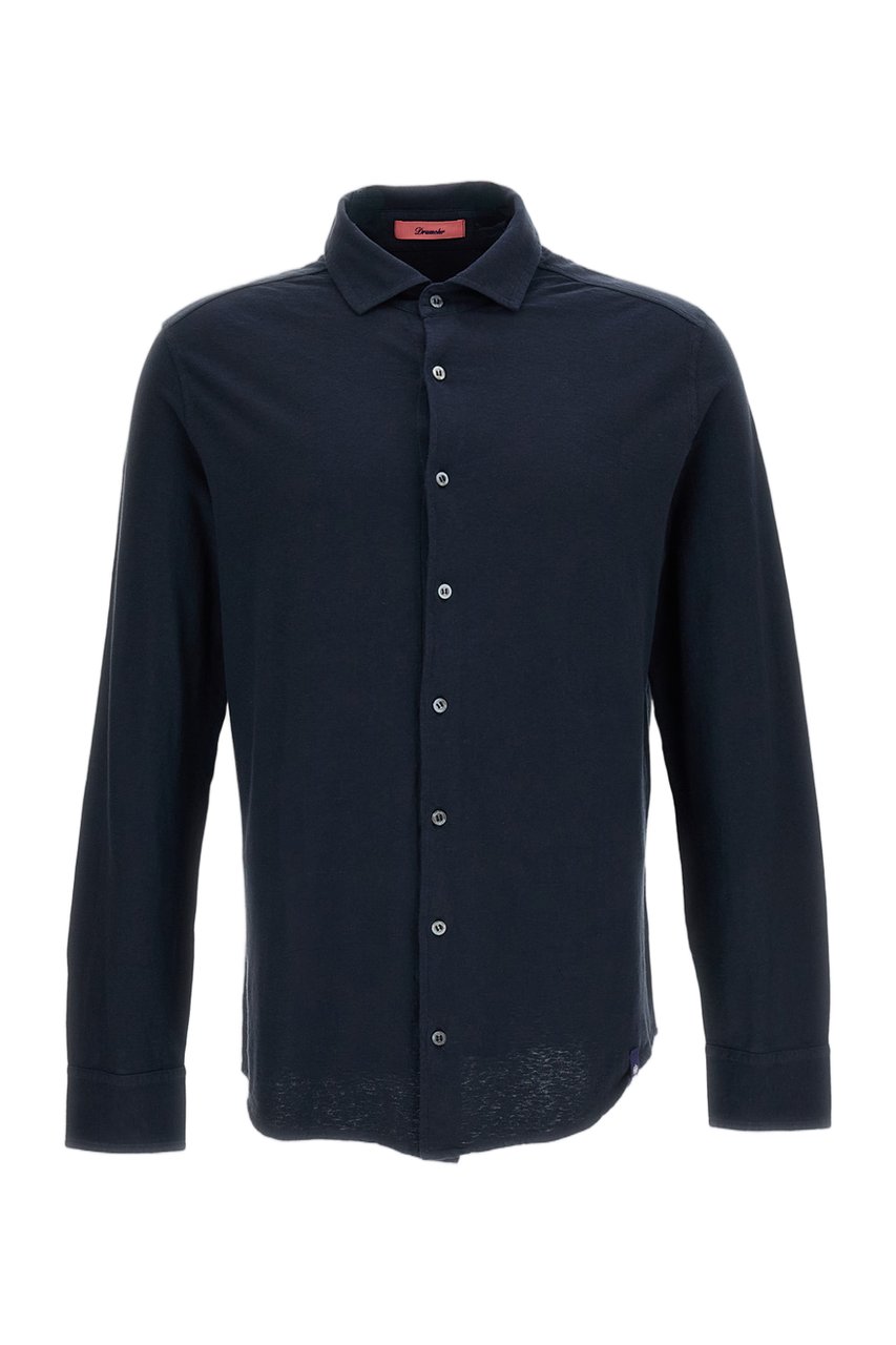 Drumohr Blue Cotton-Linen Spread Collar Casual Shirt Blauw