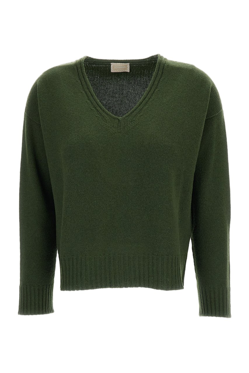 Drumohr Boxy Cut Cashmere Sweater with Ribbed V-Neckline Groen