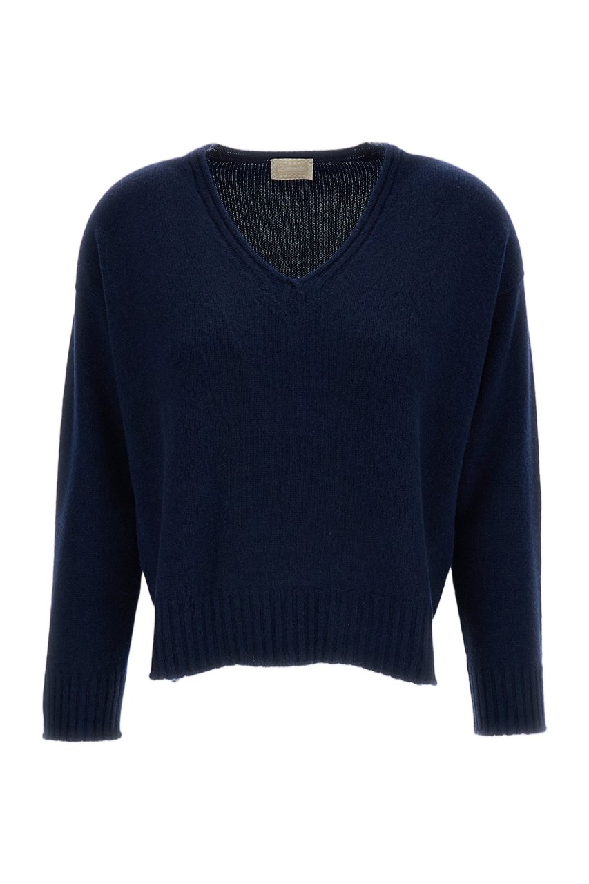 Drumohr Boxy Cut Cashmere Sweater with Ribbed V-Neck Blauw