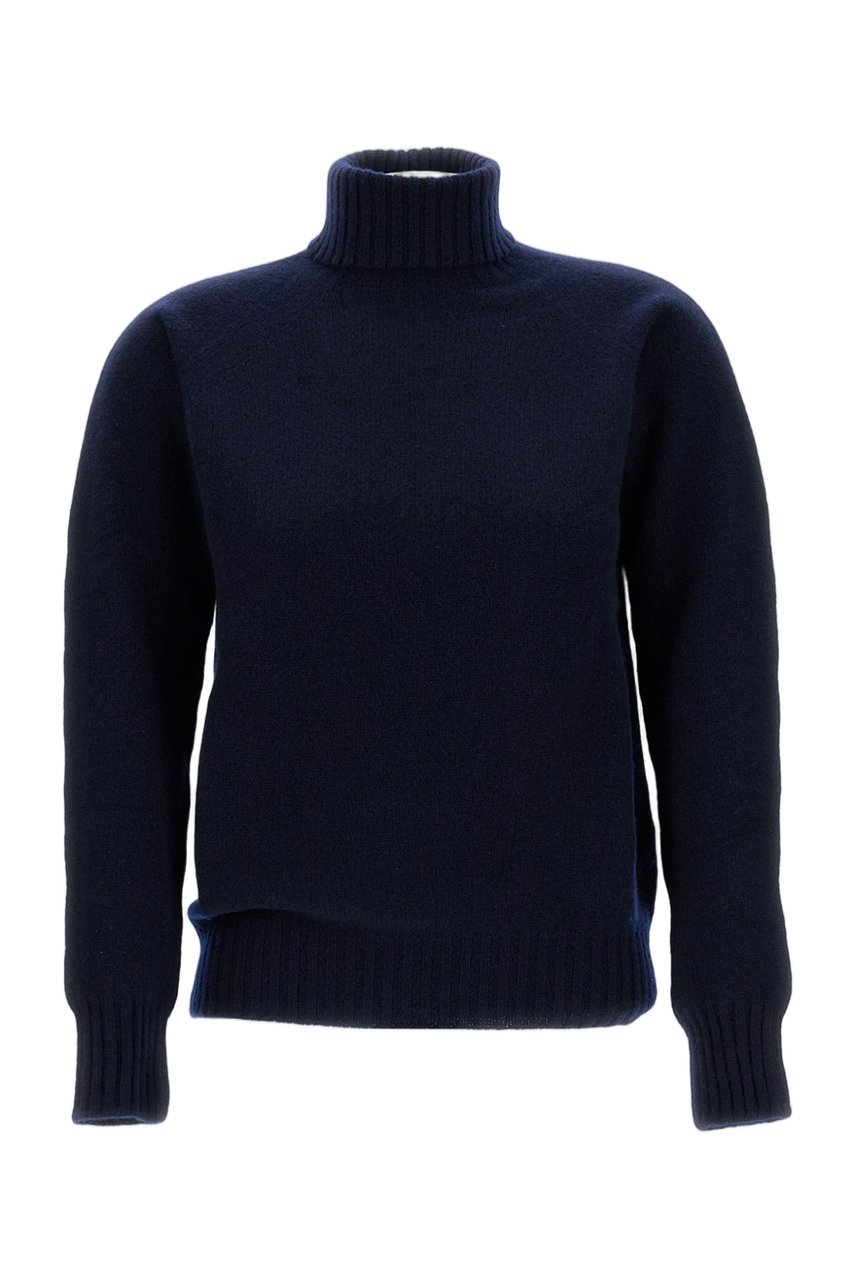 Drumohr Flat-Knit Wool Turtleneck Sweater with Ribbed Details Blauw