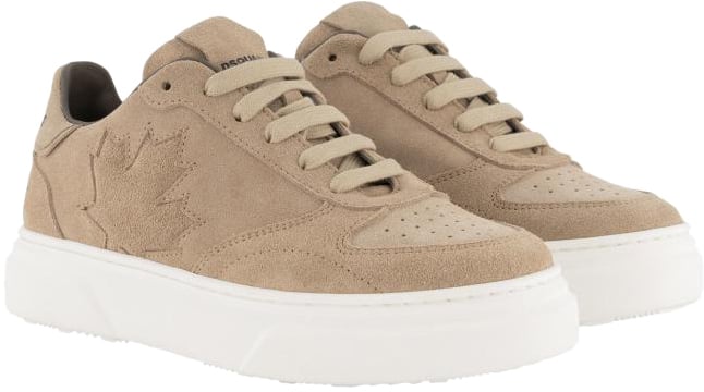 Dsquared2 Leather Side Maple Leaf Nabuk Leather Lace-up Low Sneakers Beige