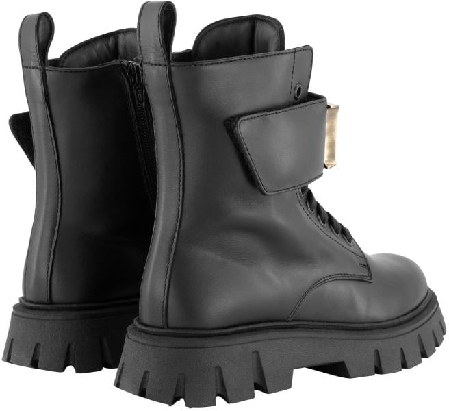 Dsquared2 Leather D Brushed Metal Logo Lace-up & Strap Clousure Ankle Boots Zwart