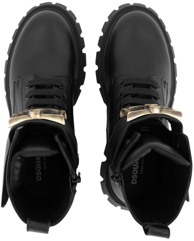 Dsquared2 Leather D Brushed Metal Logo Lace-up & Strap Clousure Ankle Boots Zwart