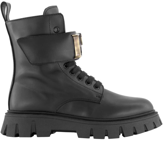 Dsquared2 Leather D Brushed Metal Logo Lace-up & Strap Clousure Ankle Boots Zwart