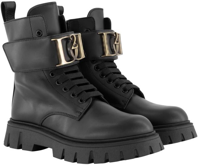 Dsquared2 Leather D Brushed Metal Logo Lace-up & Strap Clousure Ankle Boots Zwart