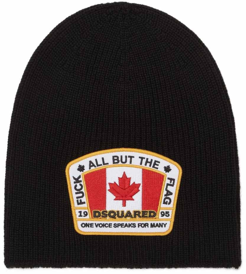 Dsquared2 Knit Beanie with Rectangular Logo Patch Zwart